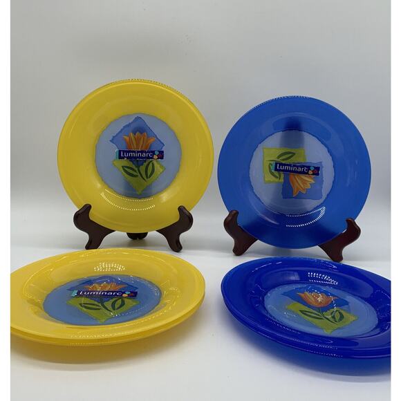 Arcoroc Hand Painted Salad Plate Blue And Yellow Orange Tulips 7.5” France Set 6 - Picture 1 of 6